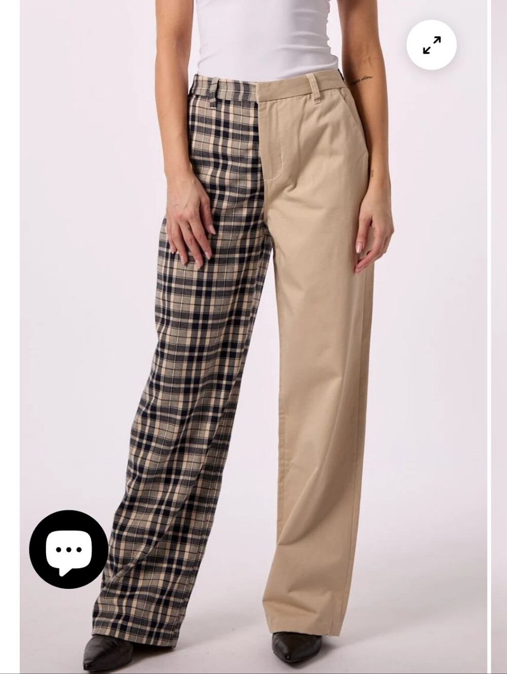 Two-Tone Plaid and Khaki Wide-Leg Pants